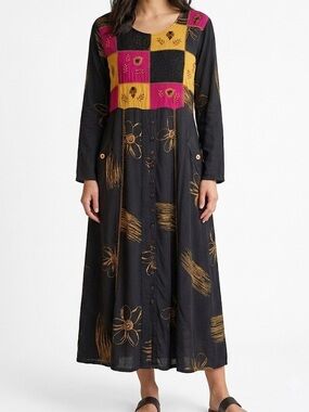 April Cornell Patchwork Embroidered Maxi Dress Long Sleeve Large Cottagecore